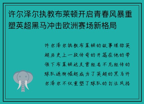 许尔泽尔执教布莱顿开启青春风暴重塑英超黑马冲击欧洲赛场新格局